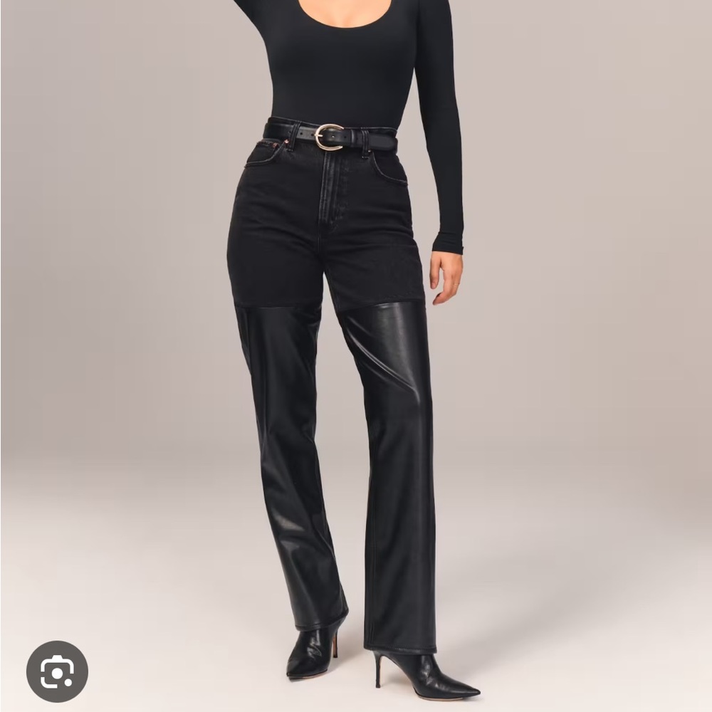 Mixed Fabric Curve Love Ultra High Rise 90s Straight Jean Black Denim & Leather